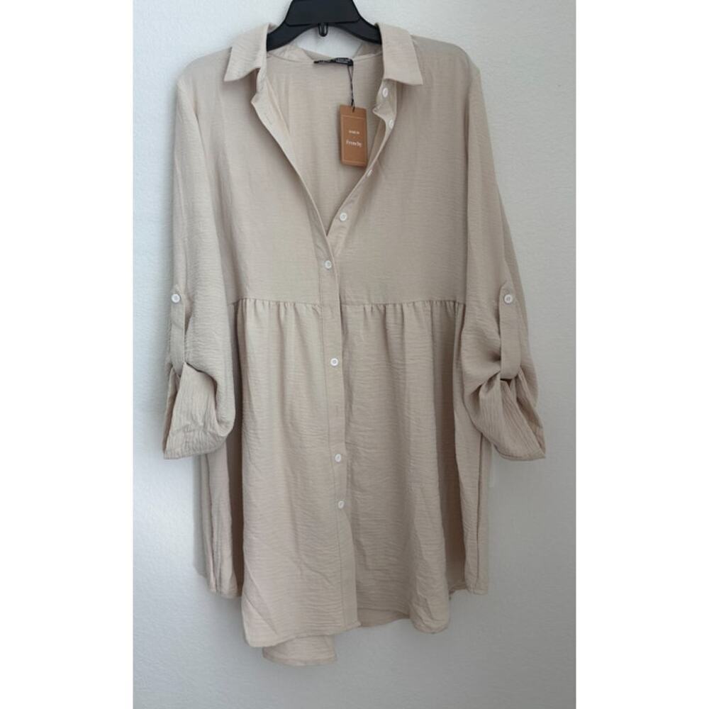 NWT Womens Cream Long Sleeve Button Down Shirt Dress Size Large